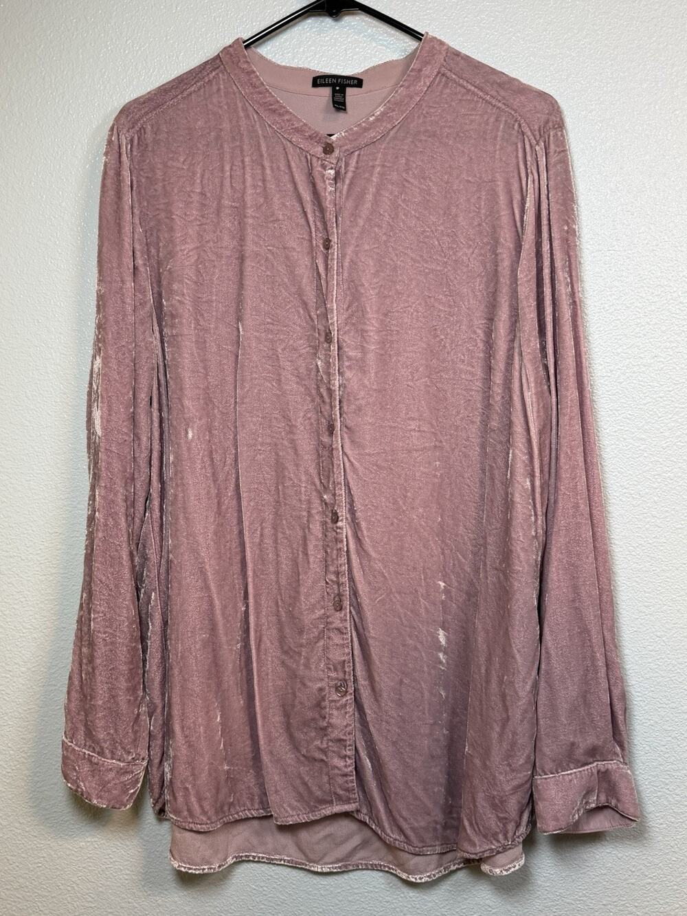 Eileen Fisher XL Pink Velvet Silk Blend Button Down Tunic Blouse Lagenlook